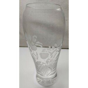 Vintage Etched Iris Floral Pattern Rippled Top Opening Hand Blown Sphere Vase